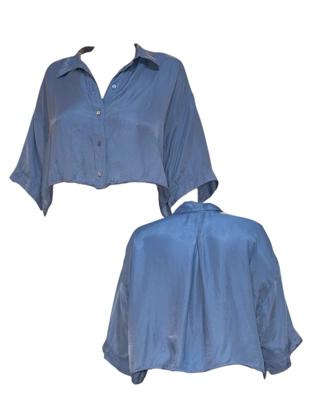 Zara Slate Blue Cropped Button-Down Shirt